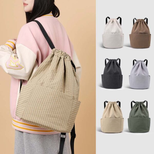 Large-capacity plaid drawstring backpack - Image 3